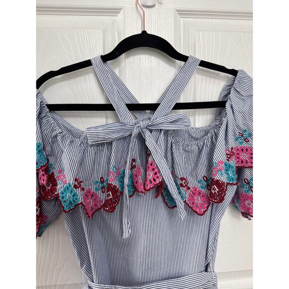 Loft ruffled embroidery off shoulder blue white stiped fiesta halter dress small - Picture 11 of 12